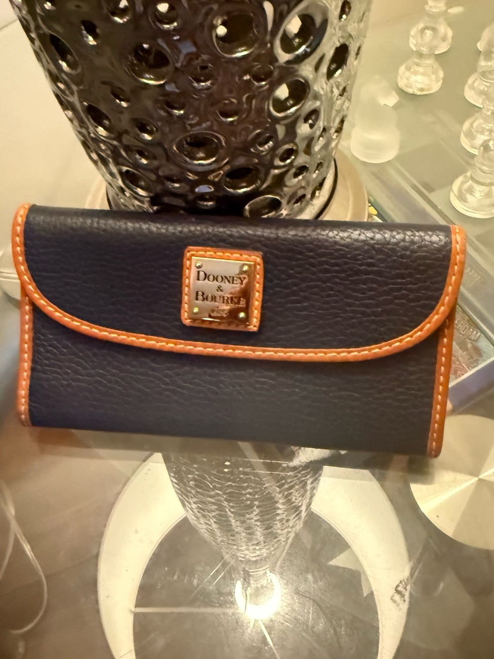 Dooney & Bourke Navy Leather Wallet with Tan Trim and Logo Plate